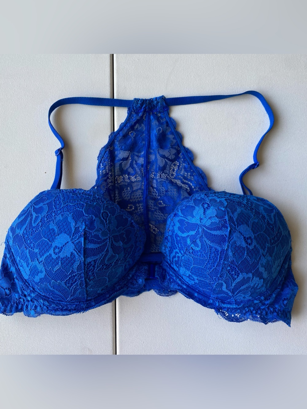 Victoria Secret Pink Date Racerback Bra 36C Blue Lace Front Closure Underwire